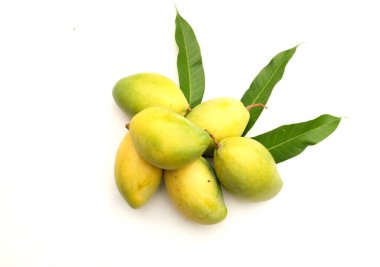 Fresh organik (Barracuda) mango meyvelerini hasırda kopyala ve beyaz arka planda bırak. Tayland 'da tropik meyve.