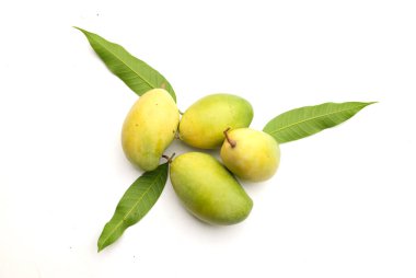 Fresh organik (Barracuda) mango meyvelerini hasırda kopyala ve beyaz arka planda bırak. Tayland 'da tropik meyve.