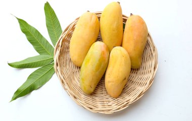  Rengarenk taze mango bir Mahachanok veya Gökkuşağı Mangosu (Mangifera indica L.) beyaz arka planda yalıtılmış yapraklar. Tayland tropikal meyvesi