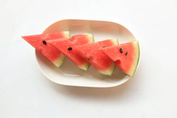 Slice Ripe Watermelon Citrullus Lanatus Triangles Isolate White Backdrop Top — Stock Photo, Image