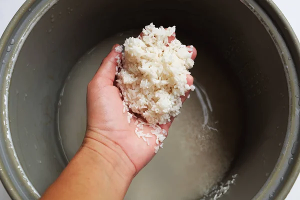 Von Oben Einen Waschenden Reis Einweichen Reis Den Reiskocher Wasser — Stockfoto