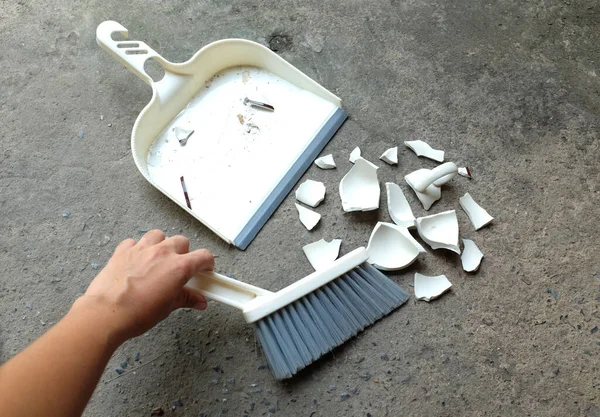 Woman Sweeps Lot Small Shards Glass Away Brush Dustpan Ground — Stock Photo, Image