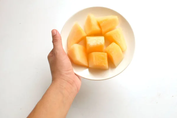 Slice Japanese Melon Orange Melon Cantaloupe Melon Cucumis Melo White — Stok Foto
