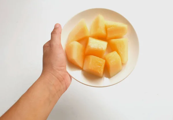 日本瓜片 柑橘甜瓜或蜜瓜 黄瓜甜瓜 白色背景 夏季水果 水果或保健概念 — 图库照片