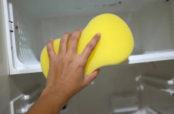 Woman Hands Yellow Sponge Washes Cleans Refrigerator Shelves Cleaning Fridge — Stock Photo, Image