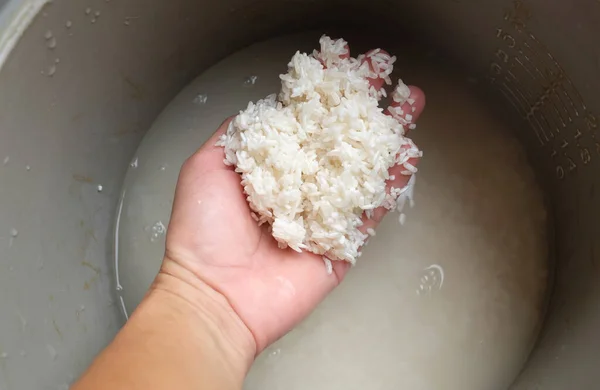 Top View Υπηρέτρια Ένα Πλύσιμο Ρύζι Μουλιάστε Ρύζι Στην Κουζίνα — Φωτογραφία Αρχείου