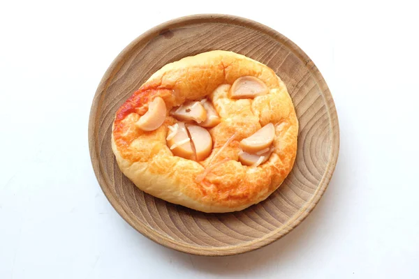 Ovanifrån Och Platt Låg Mini Pizza Cirkel Form Med Korv — Stockfoto