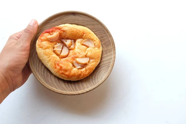 Vedere Superioară Mini Pizza Formă Cerc Cârnați Brânză Sos Roșii — Fotografie, imagine de stoc