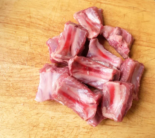 Fresh Raw Pork Ribs Raw Meat Bone Wooden Cutting Board — Stock Photo, Image