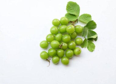 Beyaz arka fonda izole edilmiş taze tatlı yeşil Muscat (Vitis vinifera) üzüm ve yaprağı. Japon üzümleri. Üzüm yeşili. Tadı tatlı ve doğal.