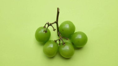 Bir demet taze yeşil parlak muscat (vitis vinifera) üzüm ve yaprak yeşil arka planda izole edilir. Japon üzümleri. Üzüm yeşili. Tatlı ve doğal.