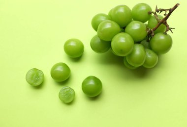 Bir demet taze yeşil parlak muscat (vitis vinifera) üzüm ve yaprak yeşil arka planda izole edilir. Japon üzümleri. Üzüm yeşili. Tatlı ve doğal.