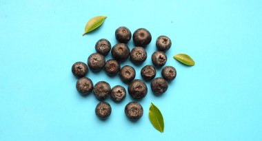 Mavi arka planda lezzetli taze sulu böğürtlenli düz kompozisyon. Sağlıklı yeme kavramı. Organik gıda, antioksidan, vitamin, mavi gıda. Yabanmersini desenli. Berrie taze.