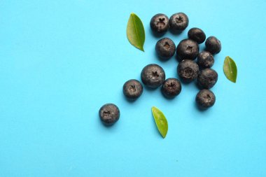 Mavi arka planda lezzetli taze sulu böğürtlenli düz kompozisyon. Sağlıklı yeme kavramı. Organik gıda, antioksidan, vitamin, mavi gıda. Yabanmersini desenli. Berrie taze.