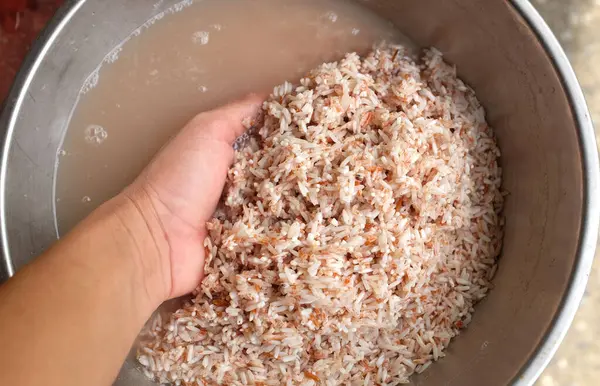 Vrouw Aziatisch Wast Rijst Biologisch Rauw Rood Een Container Gezond — Stockfoto