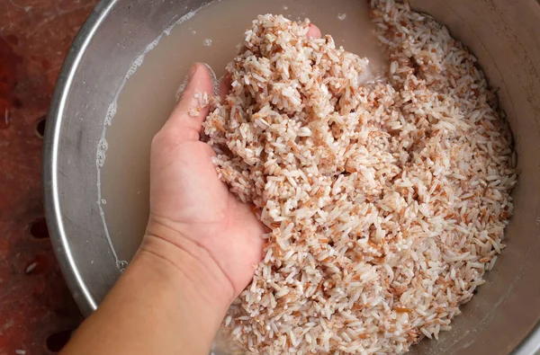 Žena Asijské Myje Rýže Organické Surové Červené Kontejneru Zdravé Rýže — Stock fotografie