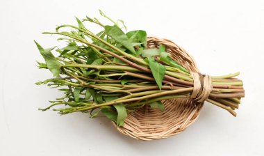 Bir demet taze yeşil organik su ıspanağı, su konvolvulusu, sepetin içinde sabah sebzesi beyaz arka planda izole edilmiş. Besin ve vitamin dolu sebze 