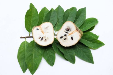 Taze yeşil kremalı elma, elma şekeri, anona cherimola (annona squamosa l.) beyaz arka planda yalıtılmış yapraklarla ikiye bölünmüş meyve. Tropikal egzotik meyve ve sağlıklı meyve