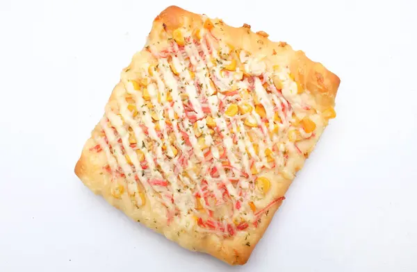 Appetizing Homemade pizza bread with ketchup, mayonnaise, boiled corn sausage and cheese isolate on a white backdrop.healthy breakfast ideas