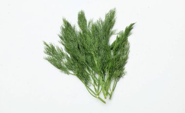  Taze yeşil Dill filizi, (Anethum Graveolens) sebze rezene dalı, bitki dalı, kokulu dereotu dalı beyaz bir arka damlada yalıtılır. Sağlıklı beslenme ve diyet yapan gıdalar tat veren bitki konsepti