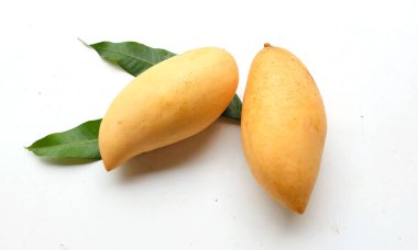 olgun sarı mango altın, mango nam dok mai mango, barakuda mango (mangifera indica) beyaz bir arka planda yapraklarla ikiye bölünmüş meyve kralı. Tropikal egzotik meyve ve sağlıklı meyve