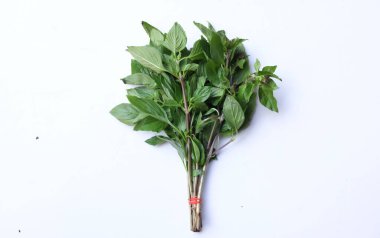 Bir demet taze çiğ tatlı fesleğen (Ocimum Basilicum var. Thyrsiflora yaprakları) Beyaz arka planda izole edilmiş baharatlı bir yemek yapma zevkine sahiptir. Sebze kavramı ve sağlık için şifalı otlar.