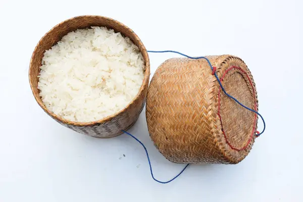 Tahta Bambu Geleneksel Stil Kutusu Buharda Pişirilmiş Tayland Pilavı Beyaz — Stok fotoğraf