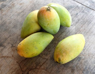 ripe yellow mango golden mango,yellow mango ,golden nam dok mai mango ,barracuda mango ( mangifera indica) king of fruits isolated on a wooden table background.tropical fruit in thailand