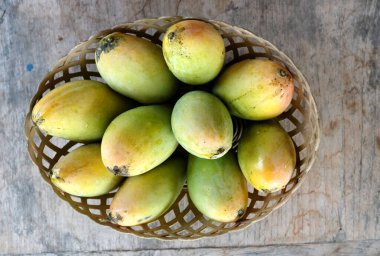 olgun sarı mango, sarı mango, sarı mango, altın nam dok mai mango, barakuda mango (mangifera indica) sepetin içindeki meyvelerin kralı ahşap bir masa üzerinde izole edilmiş. Tropikal meyve. 