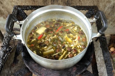 Baharatlı Mantar Astraeus hygrometricus, Barometre toprak yıldızı (Astraeus hygrometricus) çorbası, Red Curry Thai Puffball mantarı ve diğer sebzeli Tayland çorbası.