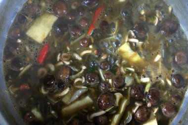 Baharatlı Mantar Astraeus hygrometricus, Barometre toprak yıldızı (Astraeus hygrometricus) çorbası, Red Curry Thai Puffball mantarı ve diğer sebzeli Tayland çorbası.