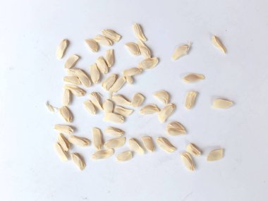 Üst ve düz bir turunçgil tohumu, arkaplanda yalıtılmış nar tohumu.