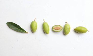 Bir grup taze ham Elaeocarpus hygrophilus meyvesi ikiye bölünmüş ve tamamen yeşil yaprak beyaz arka planda izole edilmiş. Sağlıklı meyvelerin astringen, tatlı ve ekşi bir tadı vardır..