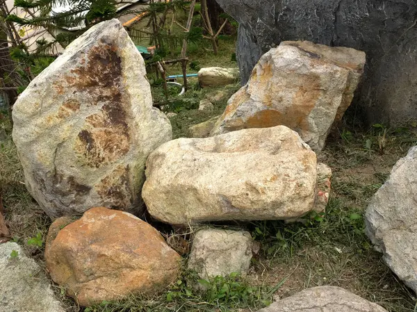 stock image close up a decorative large rockery, stone in garden among different green plants, backyard for garden or Decorate in parks, cafes, restaurants, waterfalls.