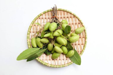 Bir grup taze ham Elaeocarpus hygrophilus meyvesi ikiye bölünmüş ve tüm yeşil yaprak beyaz arka planda izole edilmiş ahşap bir sepet içinde. Sağlıklı meyvelerin buruk, tatlı ve ekşi bir tadı vardır..
