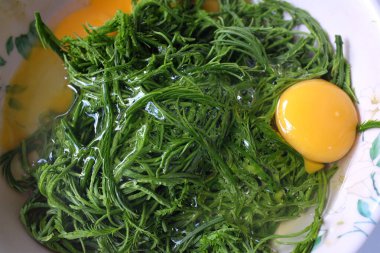 Acacia yaprağıyla çiğ yumurta Tayland usulü sahanda yumurta Acacia Leaf omleti, tırmanan Wattle Thai yemeği ile kızarmış yumurta popüler menü, karides ezmeli biber ezmesi