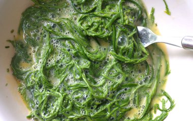 Acacia yaprağıyla çiğ yumurta Tayland usulü sahanda yumurta Acacia Leaf omleti, tırmanan Wattle Thai yemeği ile kızarmış yumurta popüler menü, karides ezmeli biber ezmesi