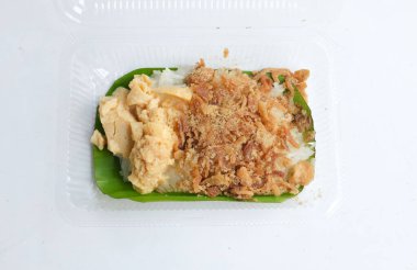 Tayland tatlısı, iştah açıcı yumurtalı pilav, kurutulmuş balık temiz plastik bir kutunun içinde beyaz bir zemin üzerinde izole edilmiş.