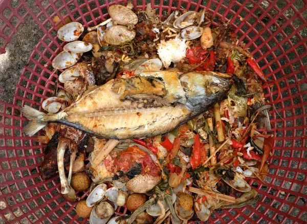 stock image fishbone,Bones or Scrap of food in the plastic basket after eating. Remains of fried fish. food scraps.