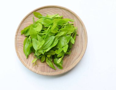 Taze, taze, çiğ bir melientha suavis pierre sebze yapraklarını beyaz arka planda izole edilmiş bir tabakta bırakır. (Thai 'ye Pak Wan Ağacı denir) Kavram, Tayland' da yerel yiyecek bileşeni