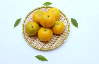 Taze ve sulu portakal, mandalina, mandalina, portakal balı, Tayland portakalı (turunçgil retikülata) ve yeşil yapraklar beyaz bir sırt damlasında izole edilmiş ahşap tepsilerde. C vitamini ile sağlıklı meyveler..