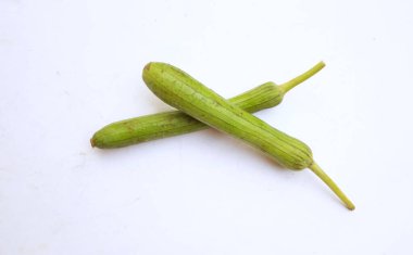 Taze organik sünger kabağı, bilinen kabak sırtı kabağı, (Luffa aegyptiaca), Mısır salatalığı veya Vietnam luffası, Sünger kabağı, Pürüzsüz lif, Sebze süngeri, kabak havlusu beyaz bir zada izole edilir.