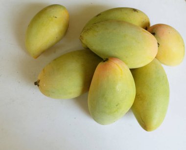 olgun sarı ve çiğ mango altın, mango nam dok mai mango, barakuda mango (mangifera indica) beyaz bir sırt damlasında izole edilmiş meyve kralı. Tropikal egzotik meyve ve sağlıklı meyve