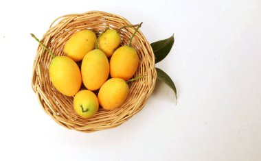 Taze taze olgun Marian erik mayogchid, Maprang Marian erik ve erik mangosu (Bouea tablosu) ve beyaz zemin üzerinde yalıtılmış bir sepette bırakılır. Tropik meyve Tayland ve sağlıklı 