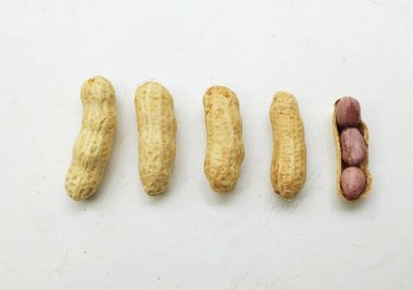 Organik fıstık, kabuklu ve haşlanmış fıstık, amendoim cozido, serpe, nordeste, Brezilya (Arachis hipogaea L.) beyaz bir zemin üzerinde izole edilir.