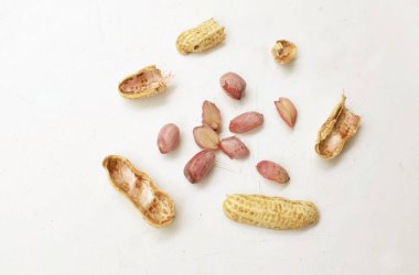 Organik fıstık, kabuklu ve haşlanmış fıstık, amendoim cozido, serpe, nordeste, Brezilya (Arachis hipogaea L.) beyaz bir zemin üzerinde izole edilir.