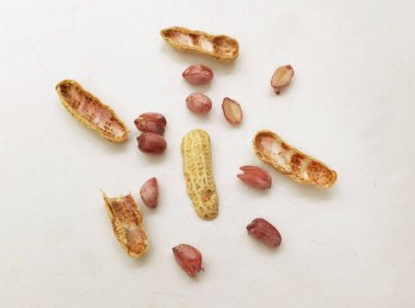 Organik fıstık, kabuklu ve haşlanmış fıstık, amendoim cozido, serpe, nordeste, Brazil (Arachis hipogaea L.) beyaz bir sırt deliğinde izole edilir.