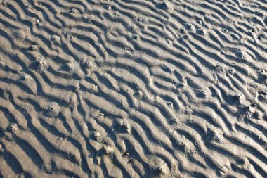 Doğal dalga desenli kumsal koyu kahverengi arka plan. Kum dokusu arkaplan duvar kağıdı rüzgar dalgaları, nehir kıyısı sahili plajı bej doğal kum soyut