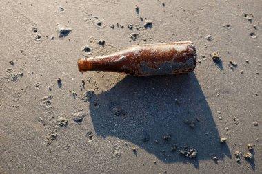 Çöp kutusunu kapatın. Kumlu sahilde kıyıya vuran kullanılmış bir cam şişe. Çevre kirliliği, Dünya günü, ekolojik sorunlar, gezegeni korumak, doğa koruma, deniz kirliliği.