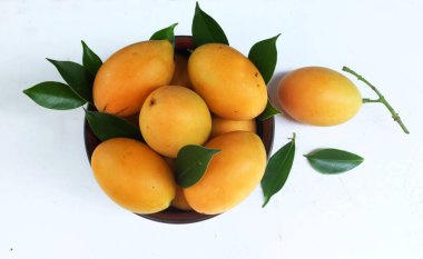  Taze olgun Marian erik meyvesi beyaz bir arka planda izole edilmiş bir kasede (mayongchid maprang marian eriği ve erik mangosu, thailand). Tayland 'ın sağlıklı meyveleri